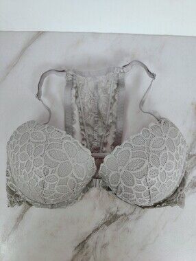 Victoria's Secret PINK Grey Lace Date Racerback Bra, Sz 36DD